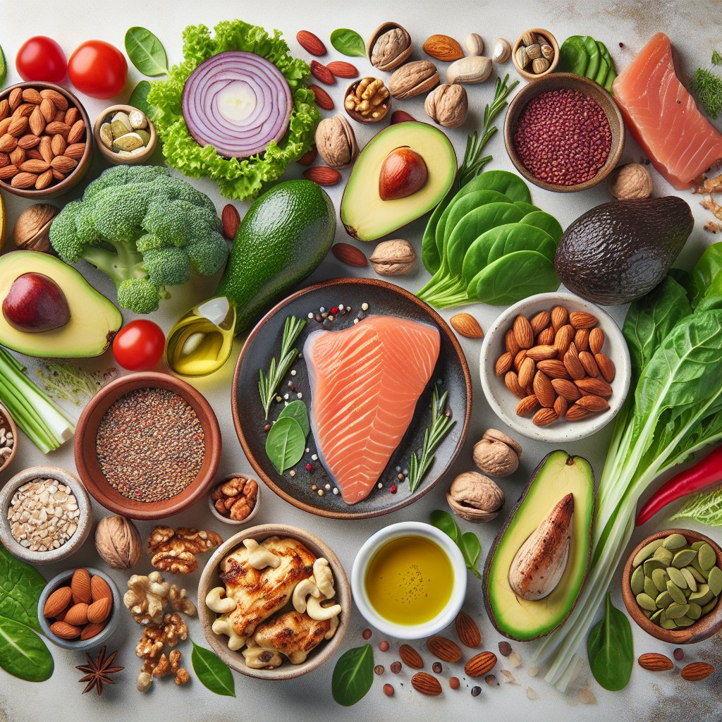 Assorted keto-friendly ingredients including avocados, nuts, seeds, leafy greens, and lean proteins beautifully arranged to convey the principles of the ketogenic lifestyle.