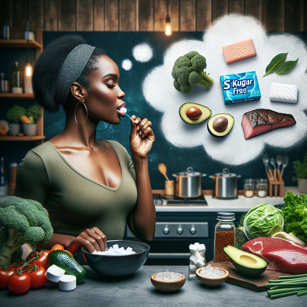 Person chewing gum surrounded by keto-friendly ingredients