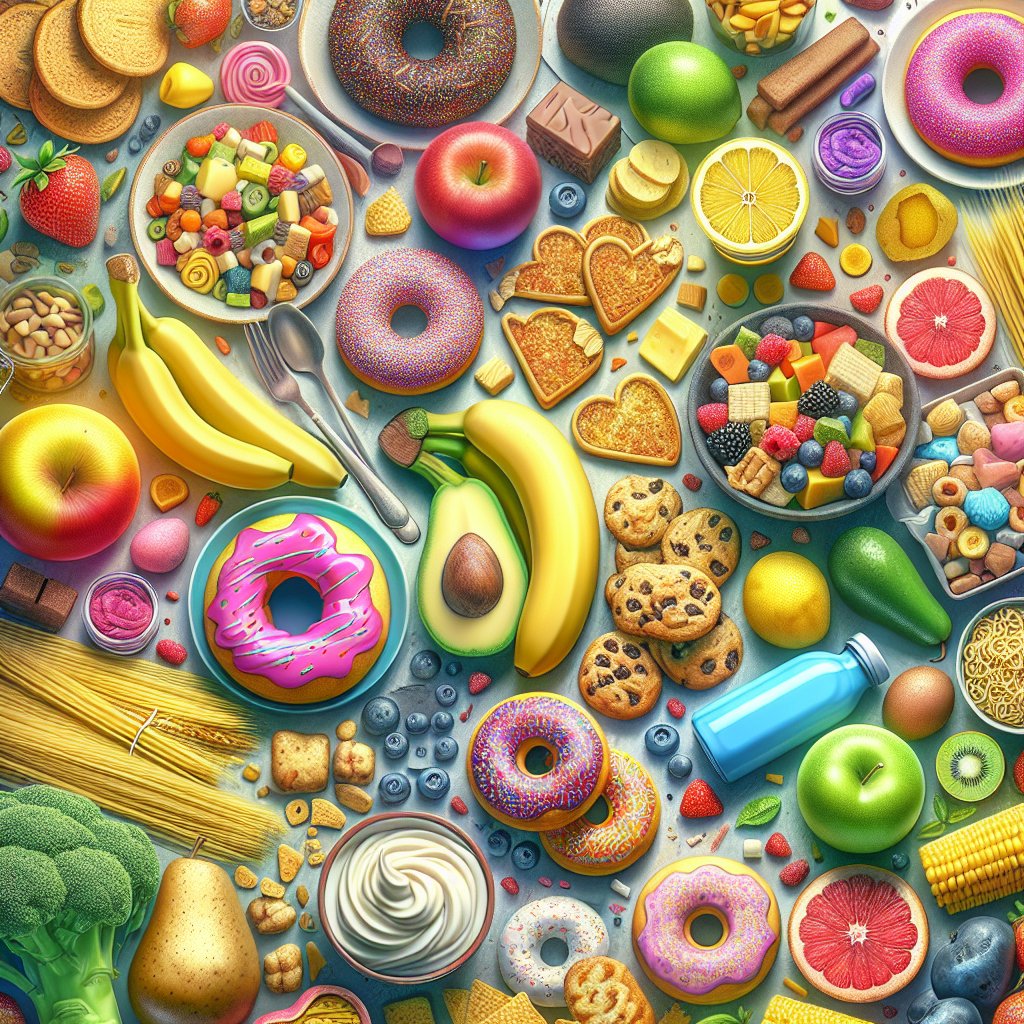 A visually appealing representation of high-carb fruits, sugary snacks, starchy vegetables, and processed foods, conveying the idea of restriction and discipline in following a personalized keto diet plan.