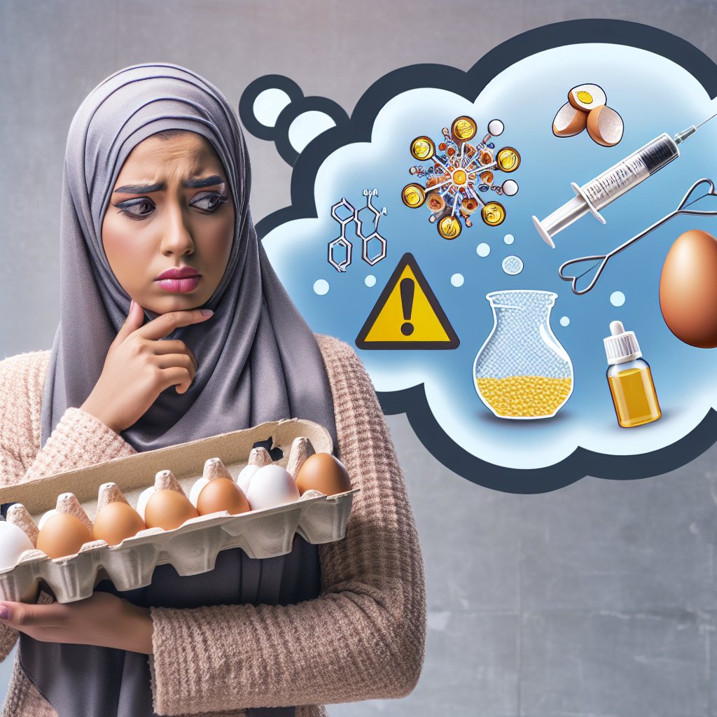 Person holding eggs with worried expression and thought bubble depicting cholesterol, EpiPen, and caution signs