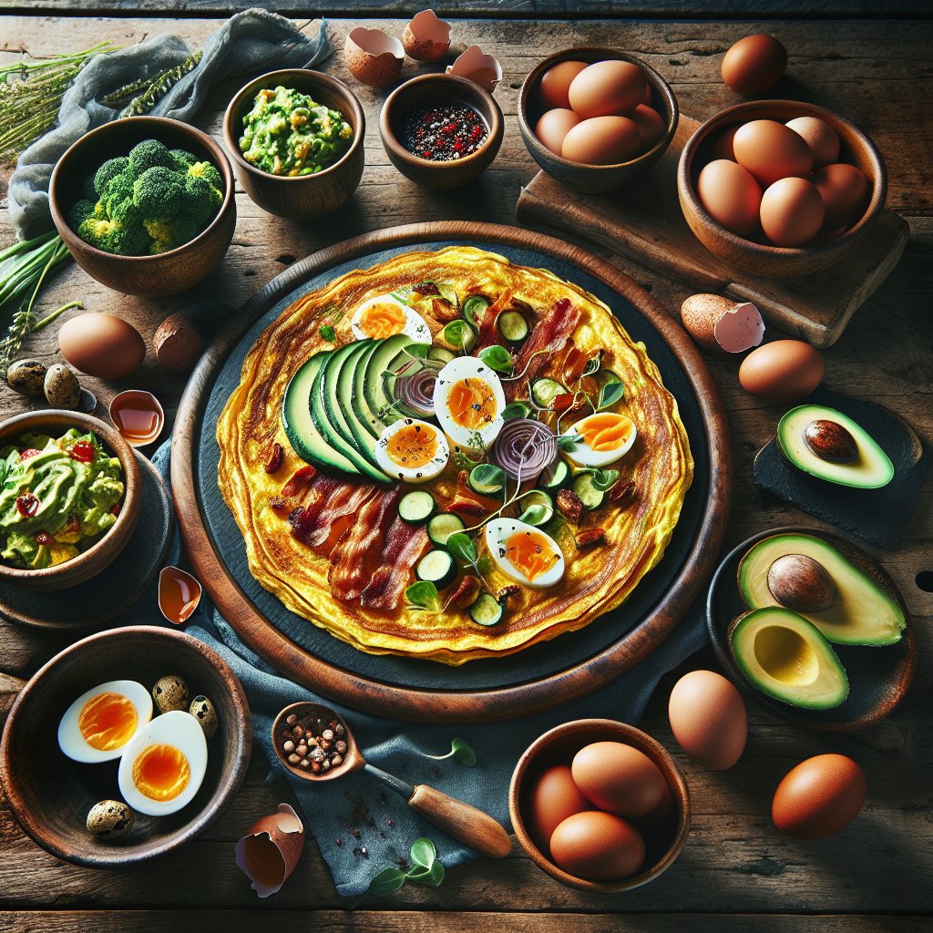 A variety of keto-friendly egg dishes including omelet, boiled eggs, avocado and egg salad, and fluffy scrambled eggs with crispy bacon arranged on a rustic wooden table.