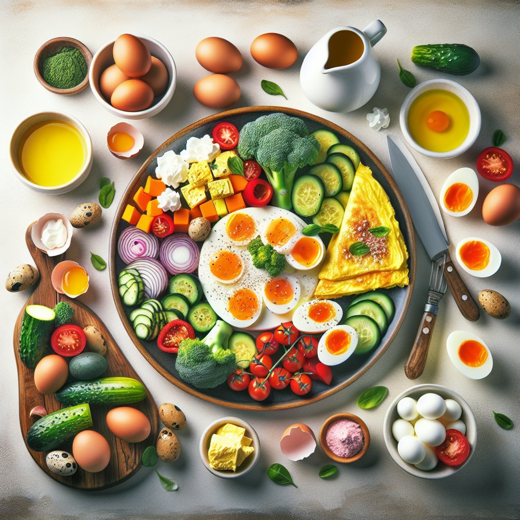 A balanced keto meal featuring various egg preparations and colorful keto-friendly vegetables.
