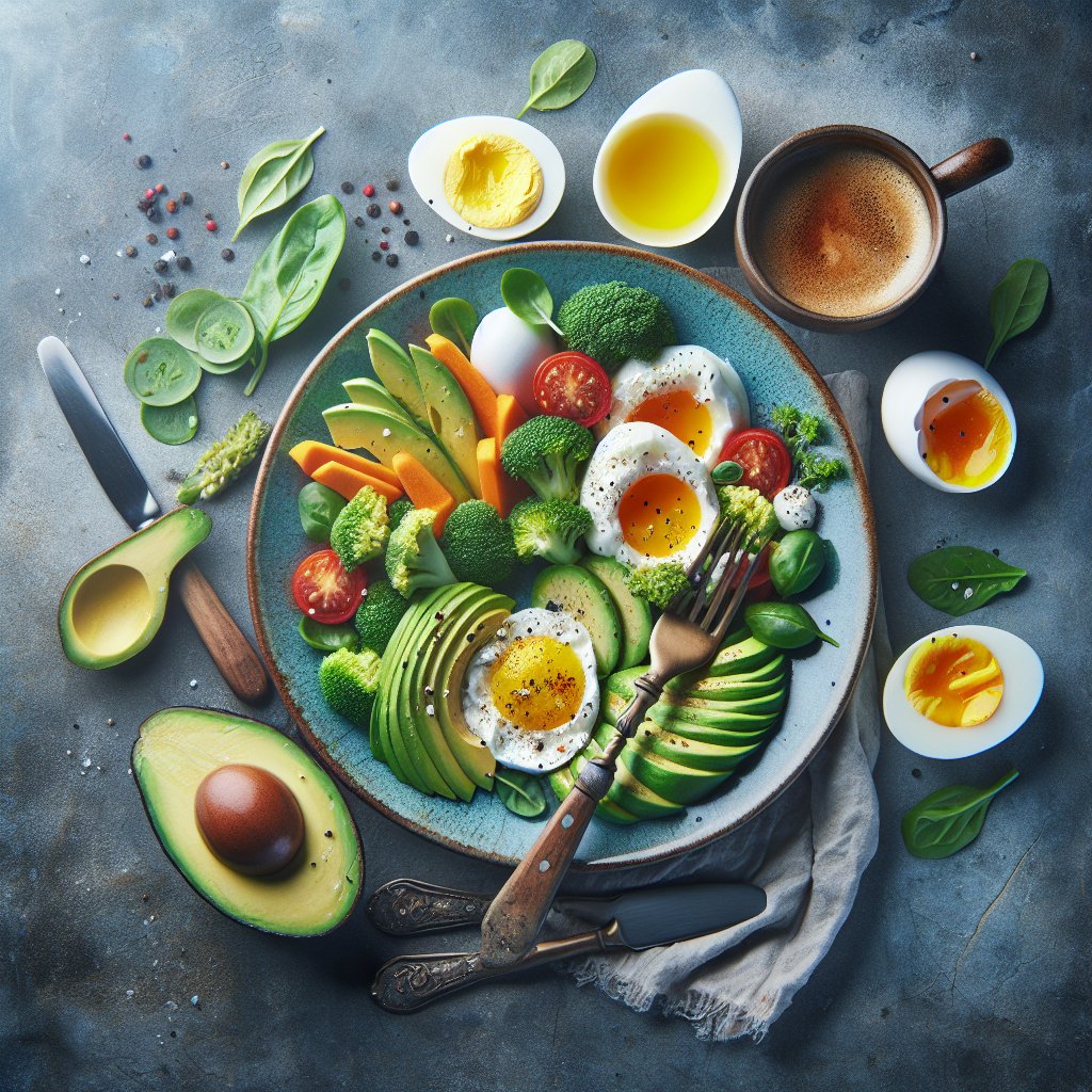 Vibrant ketogenic breakfast plate with diverse egg dishes and fresh veggies