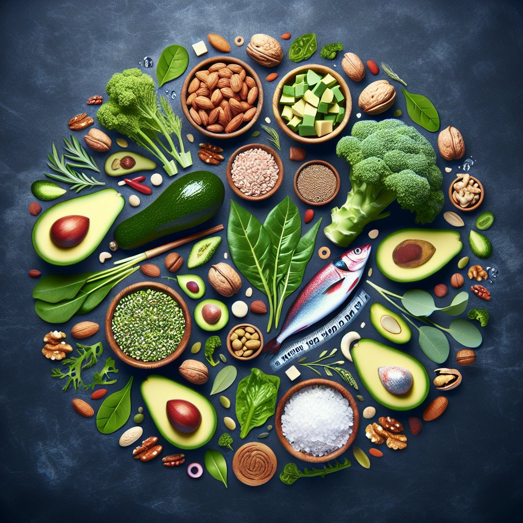 Assortment of ketogenic diet ingredients including avocados, nuts, seeds, and leafy greens