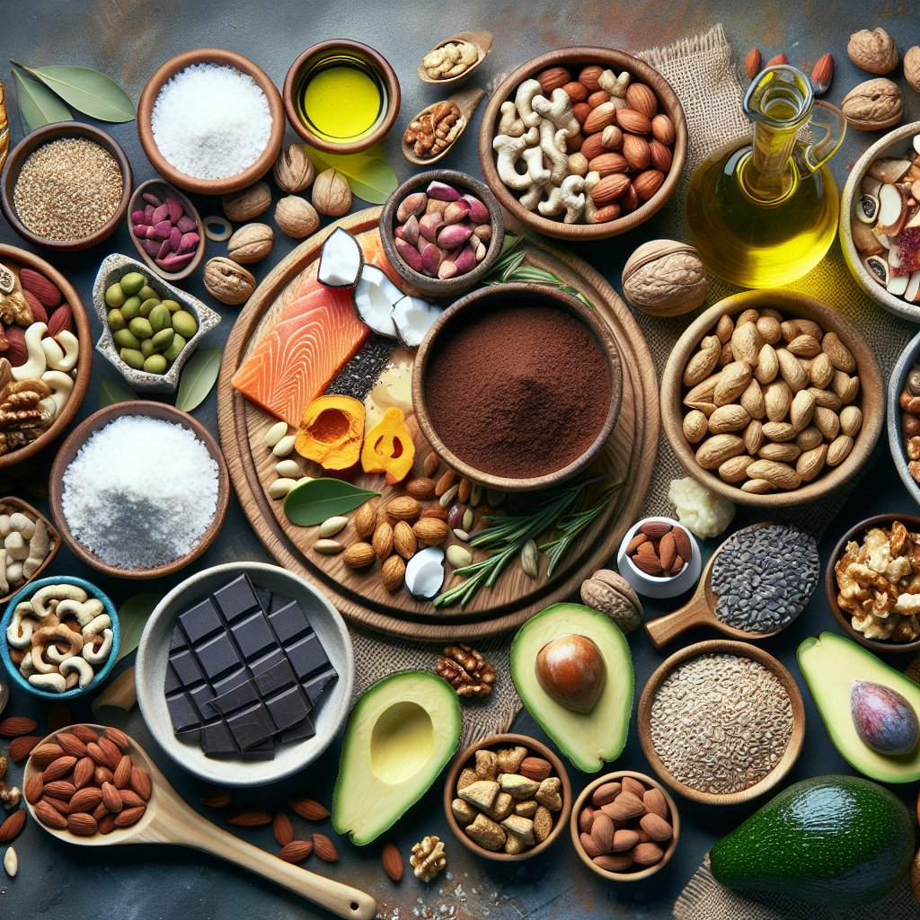 Assorted keto-friendly ingredients including avocados, nuts, seeds, olive oil, coconut oil, and fatty fish arranged in a visually appealing composition.