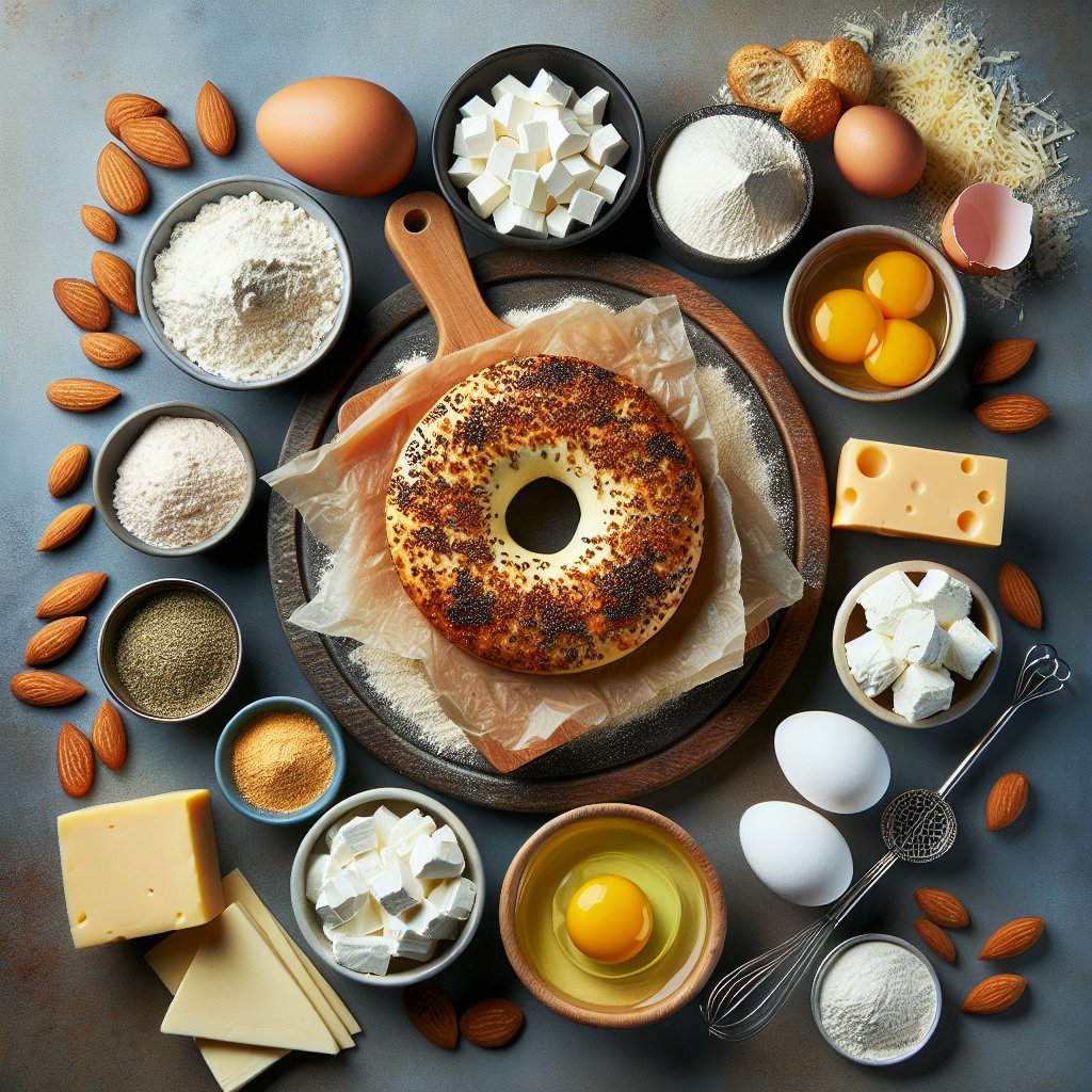 Vibrant spread of keto-friendly ingredients including almond flour, cream cheese, mozzarella cheese, eggs, baking powder, and everything bagel seasoning.