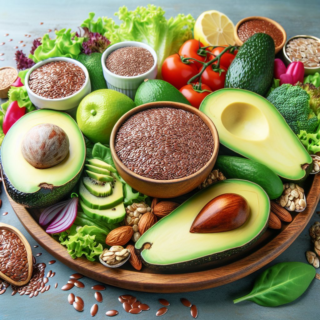 Beautifully arranged keto meal with flaxseed, avocados, nuts, seeds, and leafy greens, evoking health, vitality, and deliciousness.