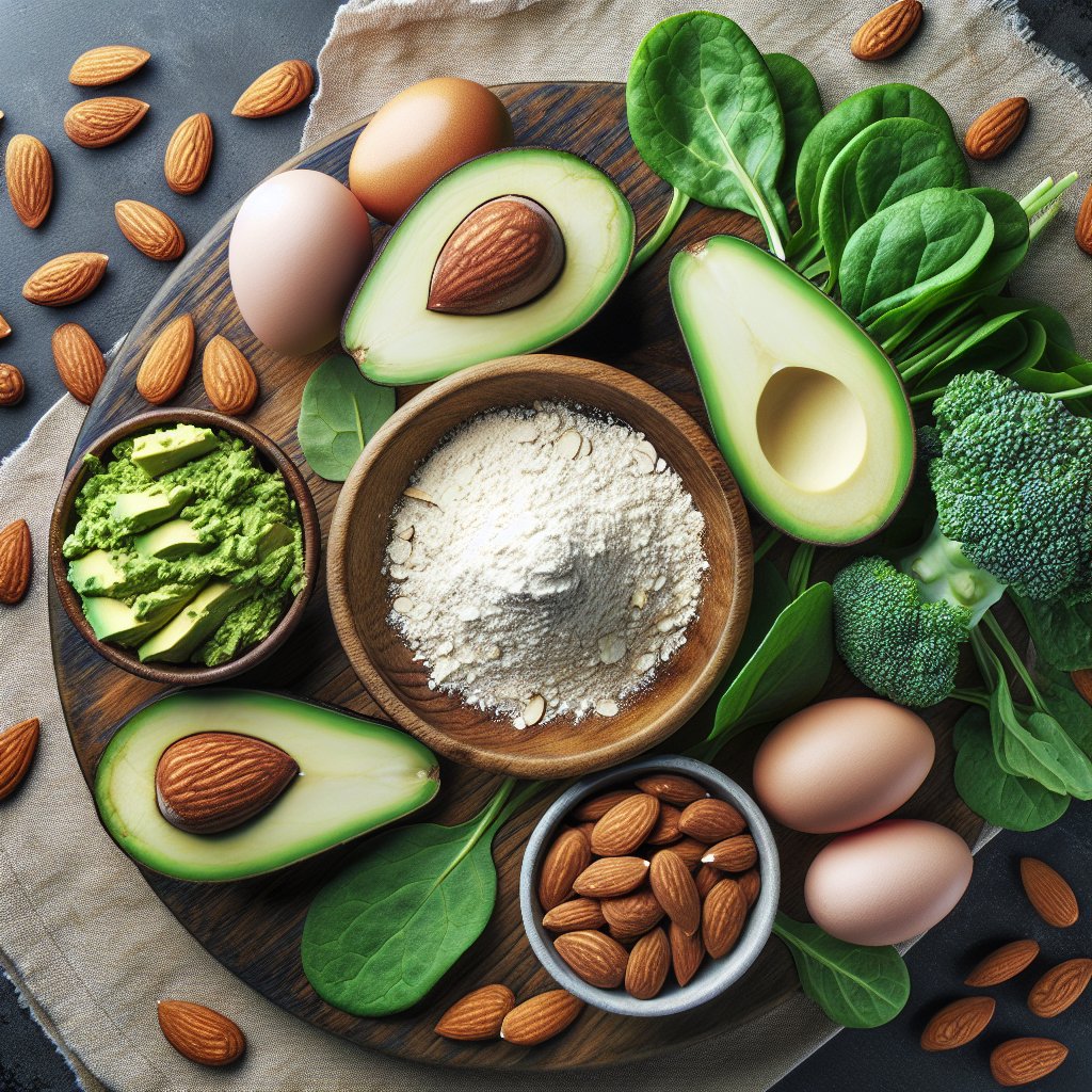 Assorted keto-friendly ingredients including almonds, avocados, eggs, and leafy greens arranged on a platter