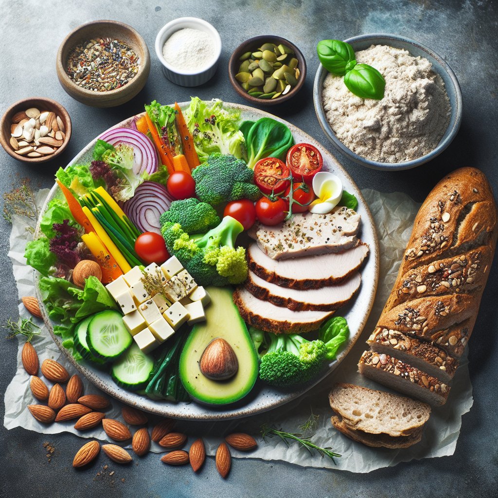 A visually appealing keto-friendly meal with a variety of colorful vegetables, lean protein, and keto-friendly bread