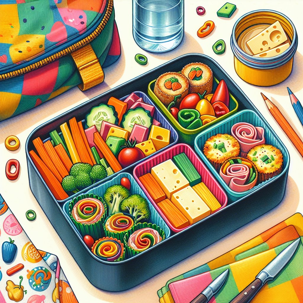 Colorful bento box filled with vibrant vegetable sticks, cheese cubes, deli meat rolls, and mini frittatas, arranged in a playful manner with school lunch setting elements in the background.