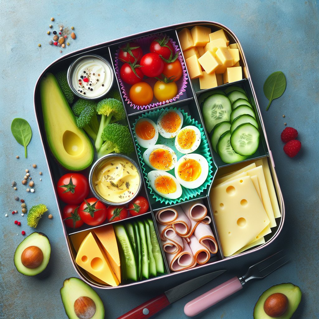 Vibrant and varied keto-friendly bento box filled with avocado, cucumber, cherry tomatoes, hard-boiled eggs, sliced turkey, and cheese, neatly arranged and visually appealing.