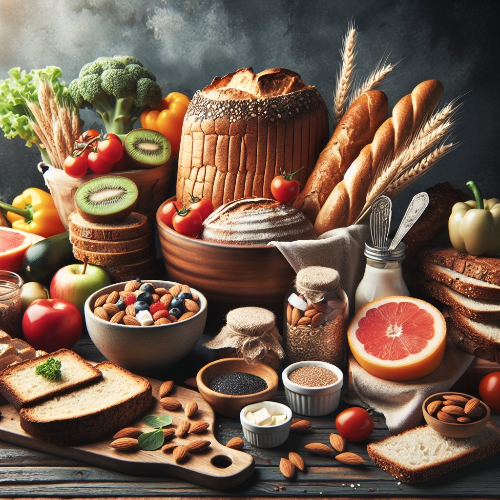 A beautifully arranged table showcasing a variety of low-carb, gluten-free bread options surrounded by vibrant, fresh ingredients