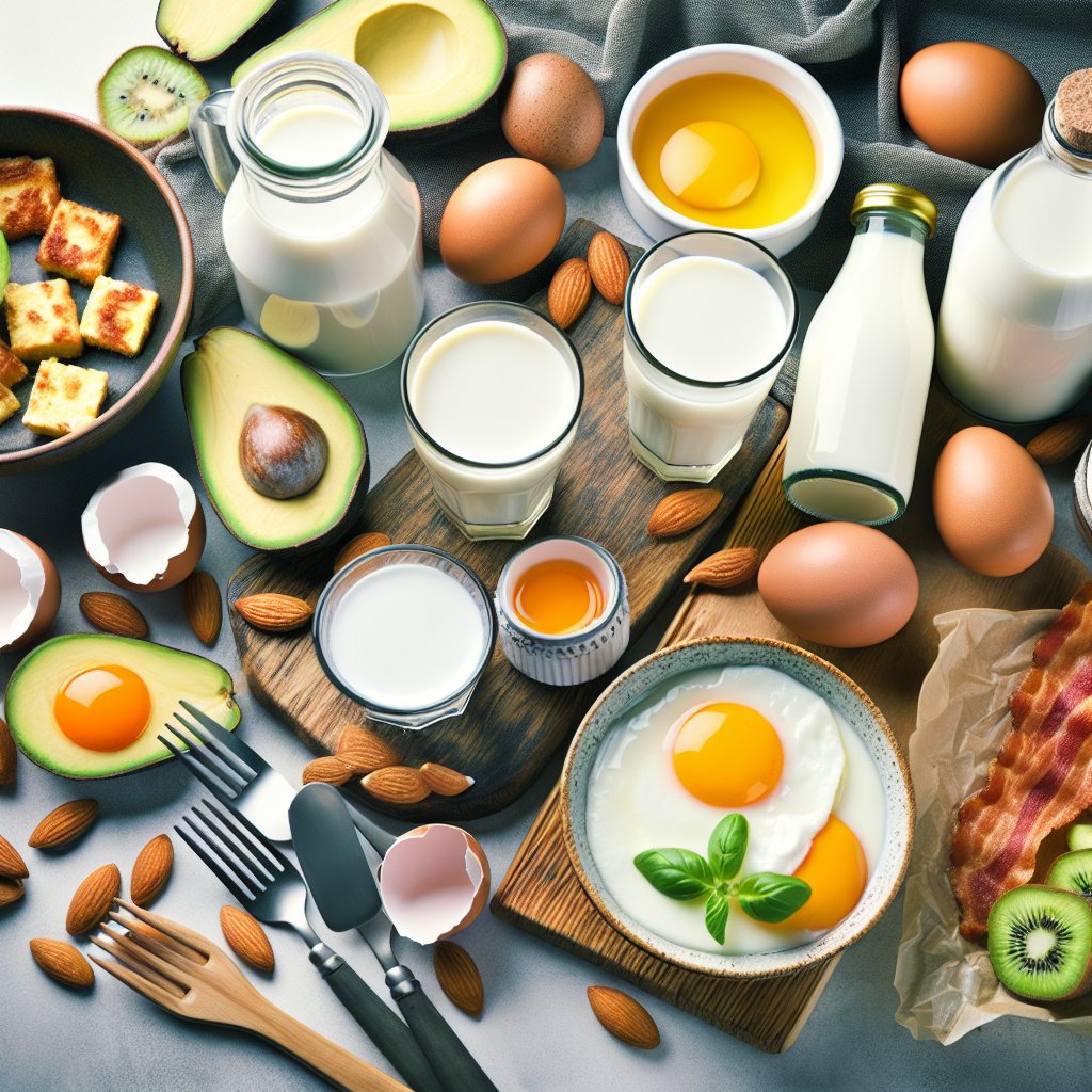 Beautifully arranged keto-friendly breakfast spread with milk options and low-carb, high-fat foods.