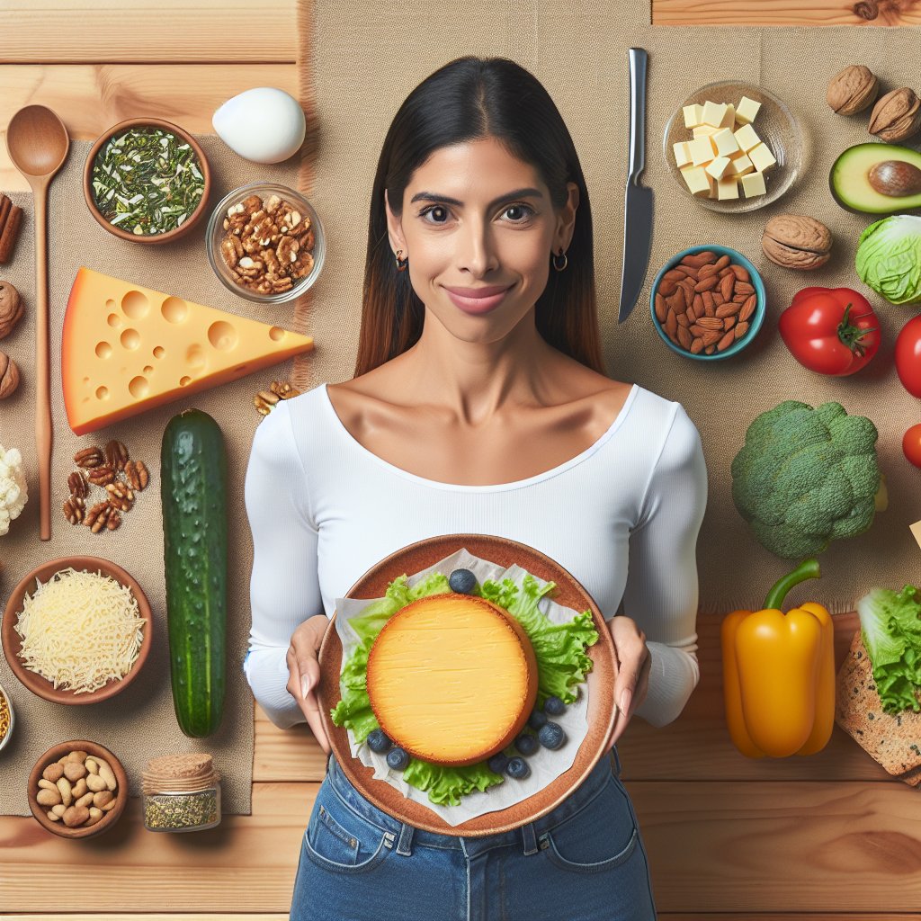 Person holding a plate with a perfectly portioned amount of cheese surrounded by colorful vegetables, nuts, seeds, and keto-friendly snacks to highlight portion control and mindful eating.