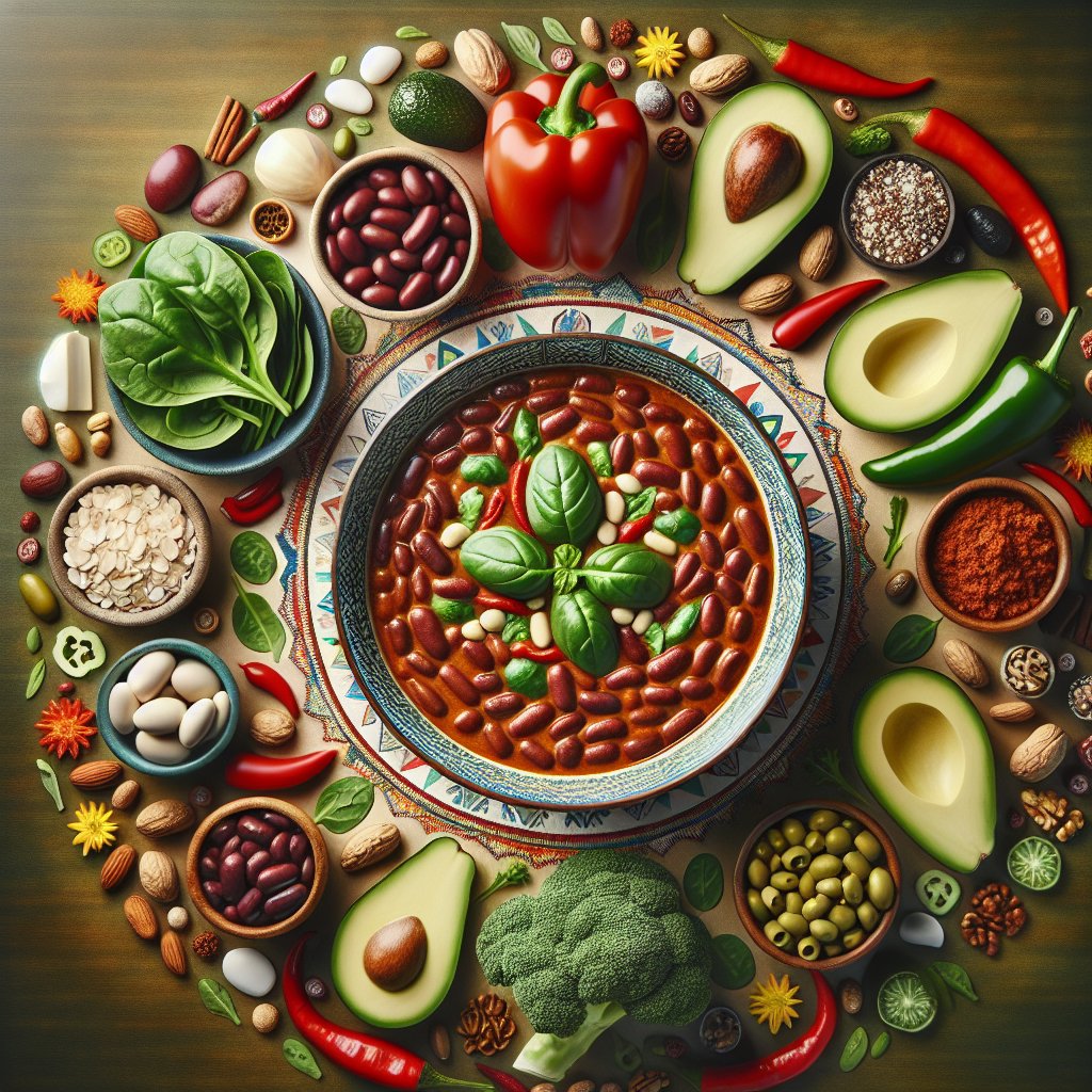 A beautifully presented bowl of chili with beans, surrounded by vibrant keto-friendly ingredients