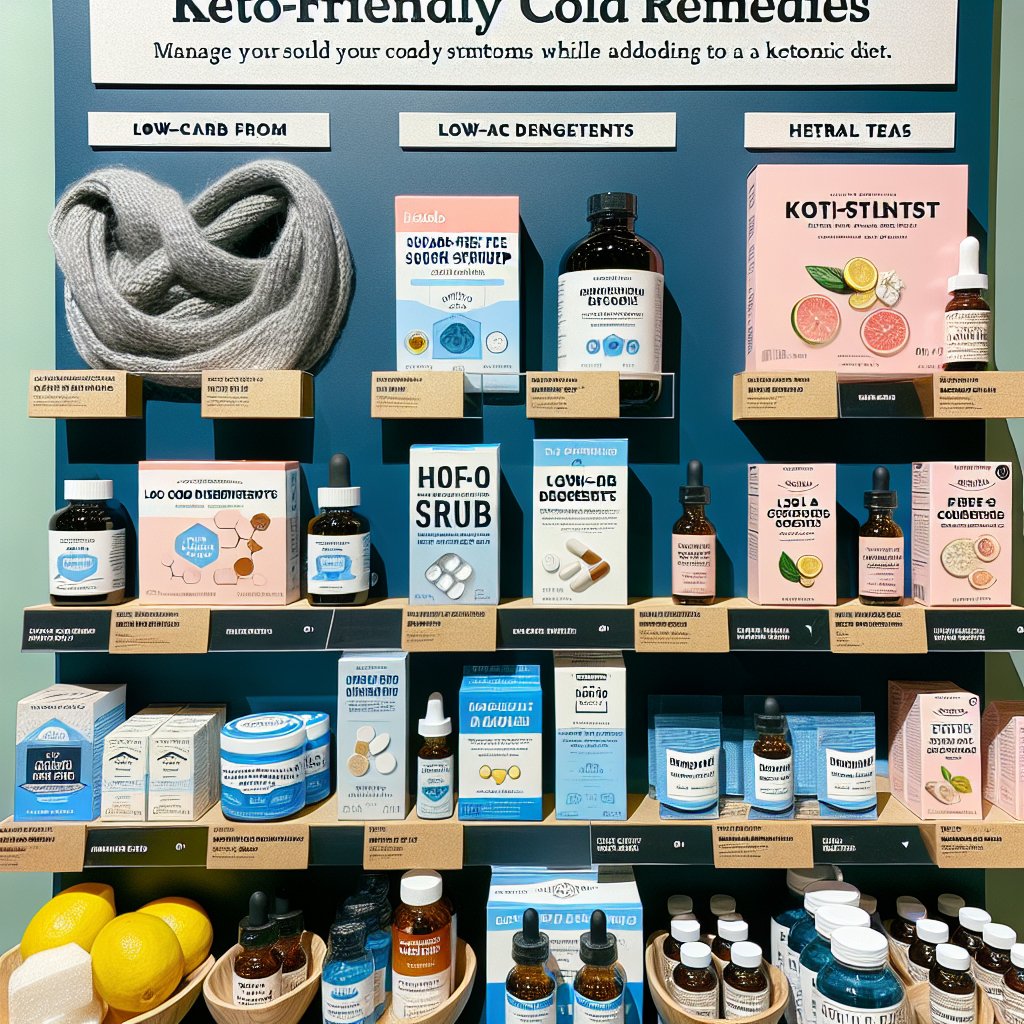 Diverse selection of keto-friendly cold medicine options, including sugar-free cough syrups, keto-approved decongestants, and natural herbal teas.