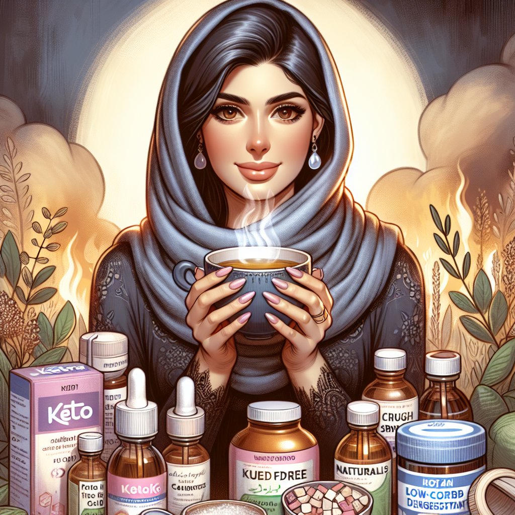 Person holding keto-friendly herbal tea surrounded by sugar-free cough syrups, natural supplements, and low-carb decongestants