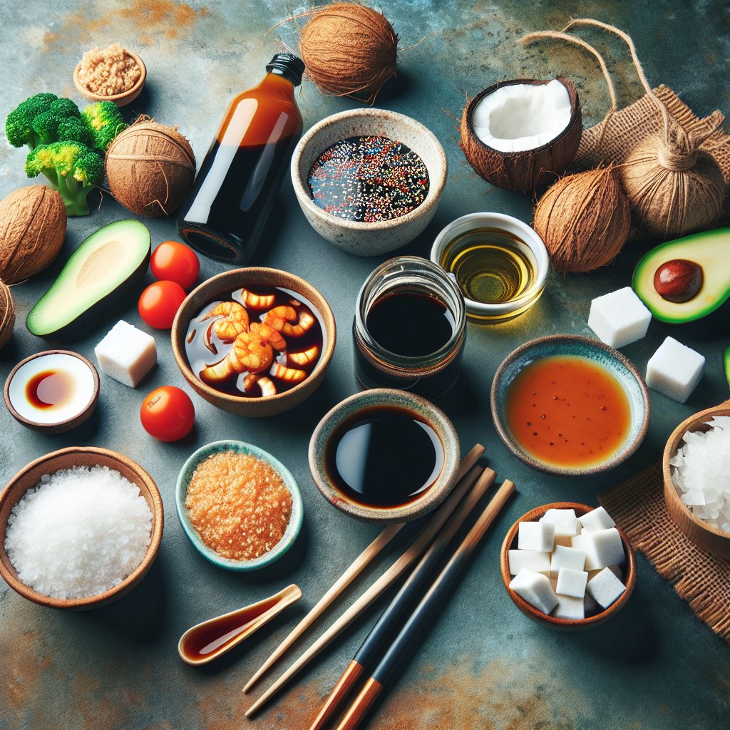 A vibrant spread of keto-friendly condiments like coconut aminos, tamari, and homemade low-carb soy sauce substitutes, exuding health and vitality.