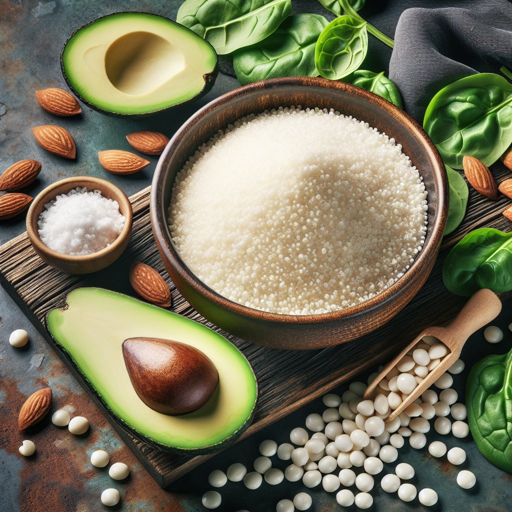 Bowl of keto-friendly modified cornstarch with fresh avocado, spinach, and almonds