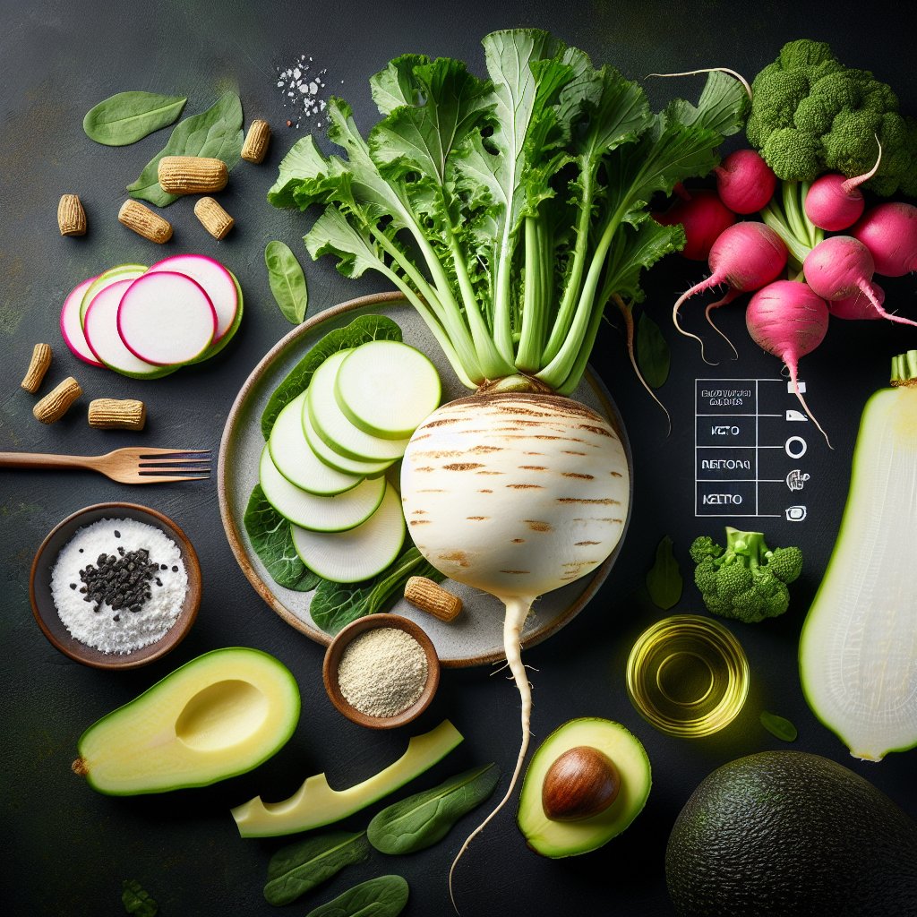 A vibrant composition featuring a whole daikon radish alongside keto-friendly ingredients such as avocados, leafy greens, and lean protein sources