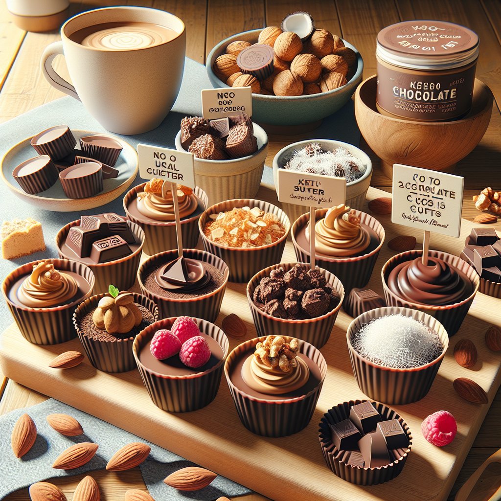 Assortment of Reese's Zero Sugar treats with dark chocolate, almonds, coconut, and raspberries on wooden cutting board