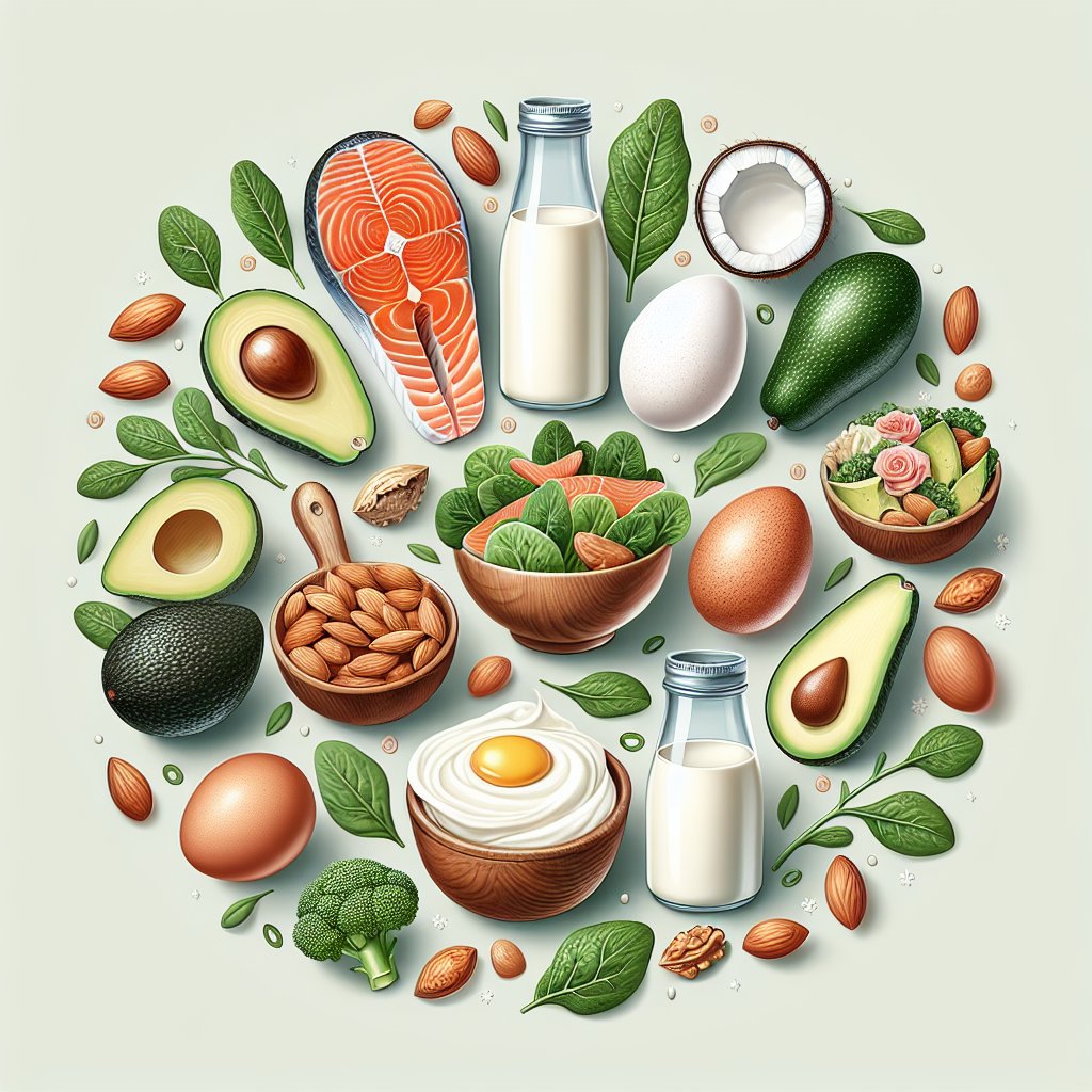 Diverse array of keto-friendly foods including avocados, eggs, salmon, leafy greens, nuts, and alternative milk options like almond milk, coconut milk, and unsweetened soy milk, promoting the health benefits and sustainable lifestyle of the keto diet.
