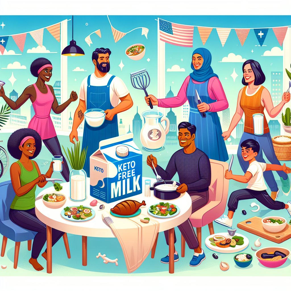 Illustration of a diverse group of people engaging in keto-friendly activities with lactose-free milk as a central element.