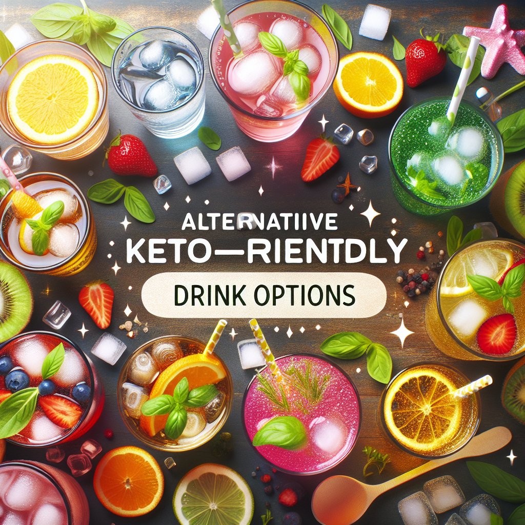 A vibrant and refreshing spread of keto-friendly drink options including infused water, sugar-free iced tea, sparkling water, and colorful smoothies.