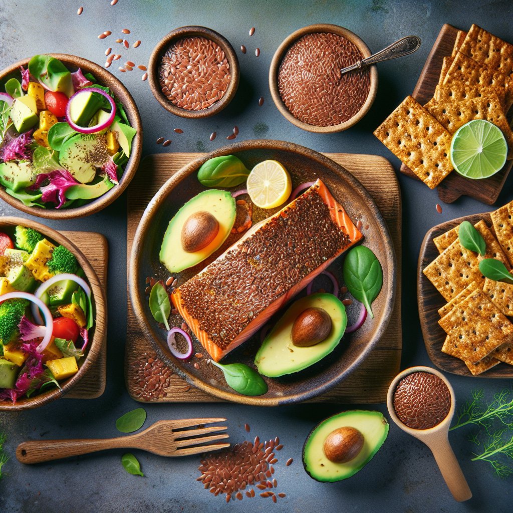 Arranged keto-friendly meal with flax seed crusted salmon, flax seed crackers with avocado, and a colorful salad with a flax seed vinaigrette