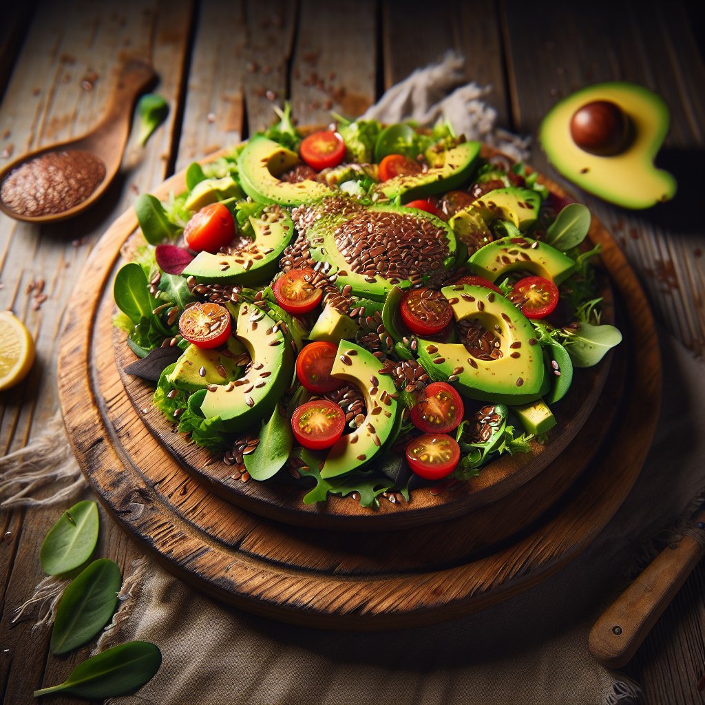 Gourmet keto-friendly flax seed salad with fresh greens, avocado, cherry tomatoes, and roasted flax seeds on a rustic wooden platter.