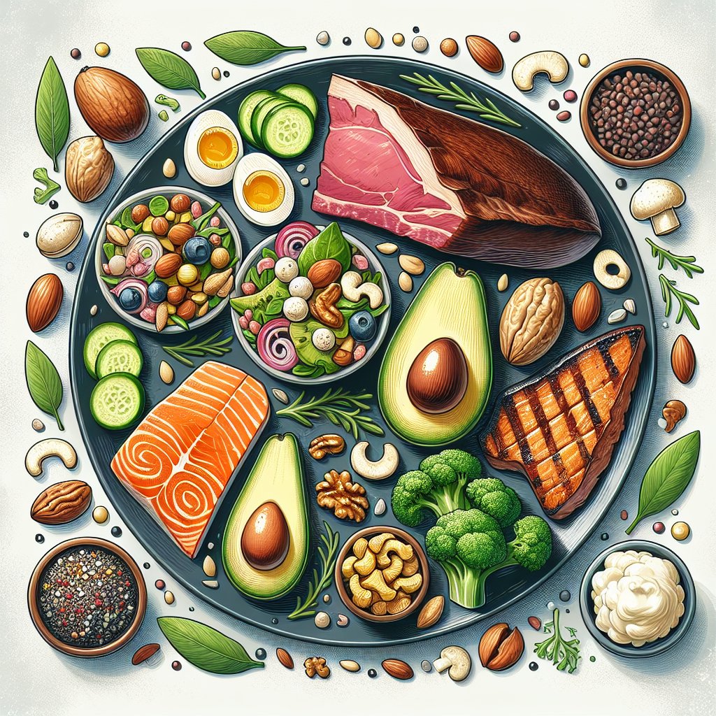 Assortment of keto-friendly foods: avocado, nuts, seeds, fatty cuts of meat, eggs, fish, poultry, leafy greens, broccoli, and cauliflower, arranged in an appealing and attractive display.