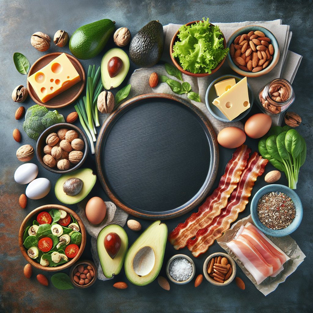 Diverse array of keto-friendly foods including avocados, eggs, bacon, salmon, cheese, nuts, and leafy greens arranged on a trendy kitchen table