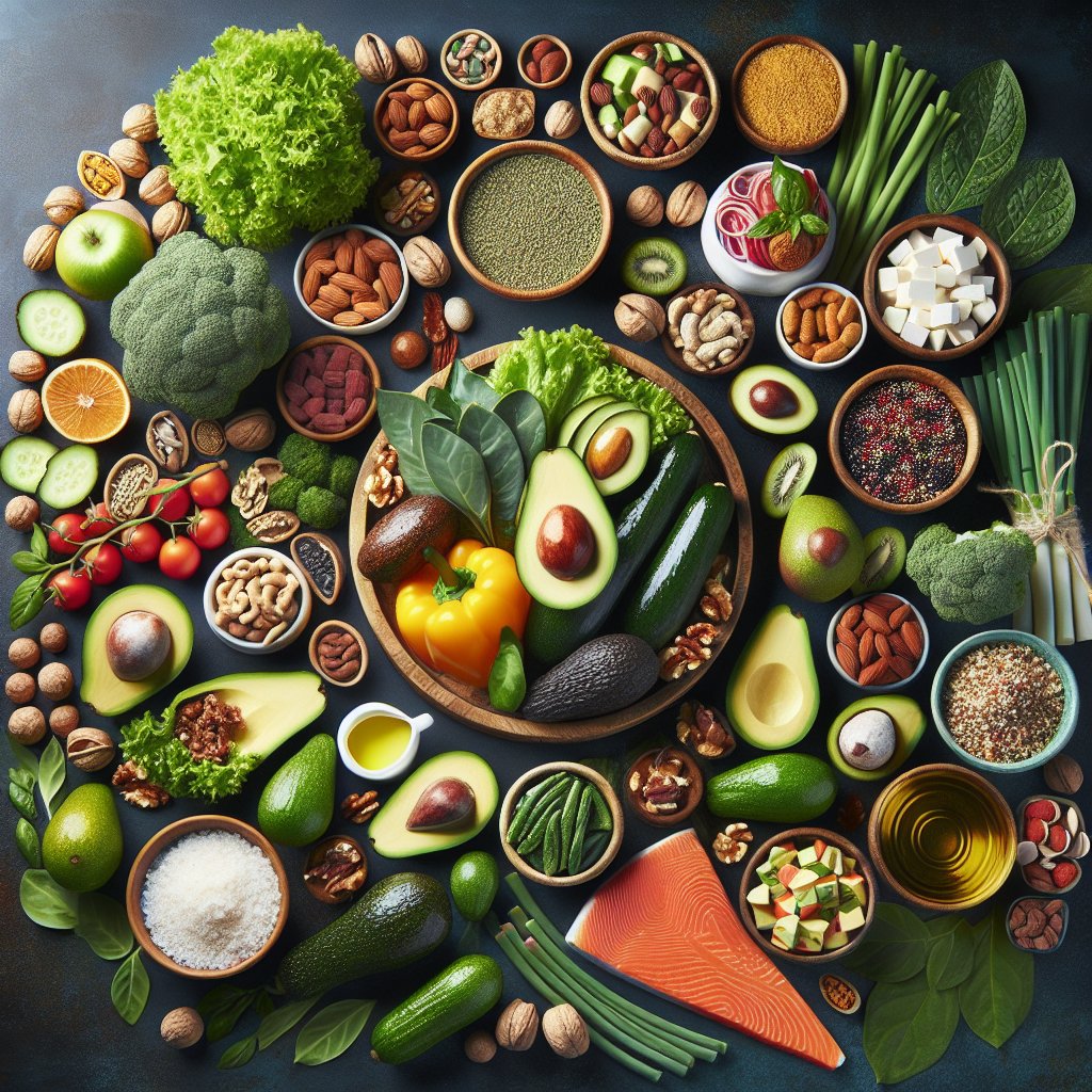 Vibrant and diverse keto-friendly foods including avocados, leafy greens, nuts, and lean protein sources arranged in an enticing and appetizing display.