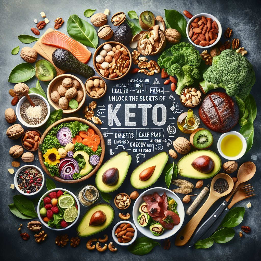 Assortment of keto-friendly foods including avocados, nuts, leafy greens, and lean proteins, arranged in an appetizing manner