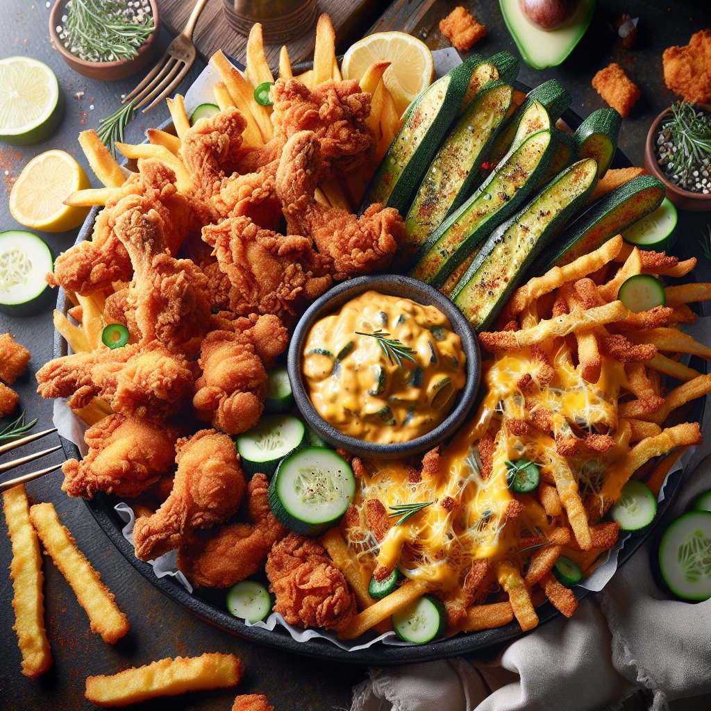 Keto-friendly fried food platter with crispy chicken, zucchini fries, and avocado fries