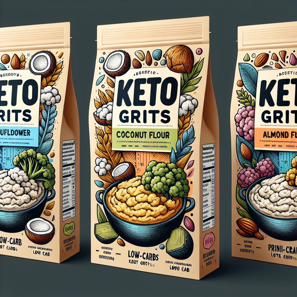 Vibrant keto grits packaging with low-carb labels and images of cauliflower, coconut flour, and almond flour