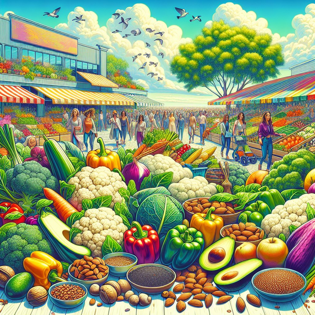 A vibrant display of fresh low-carb vegetables, nuts, seeds, and healthy fats at a bustling farmers' market or grocery store, showcasing the rise in popularity of the keto diet.