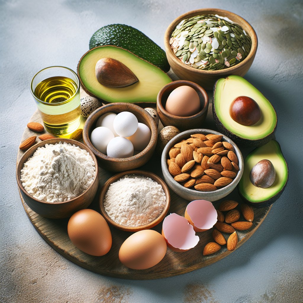 Assortment of keto-friendly ingredients including almond flour, coconut flour, seeds, eggs, and avocado for making keto bread