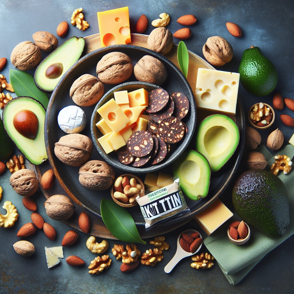 Assortment of keto-friendly ingredients and snacks including avocado, cheese, nuts, and nut thins