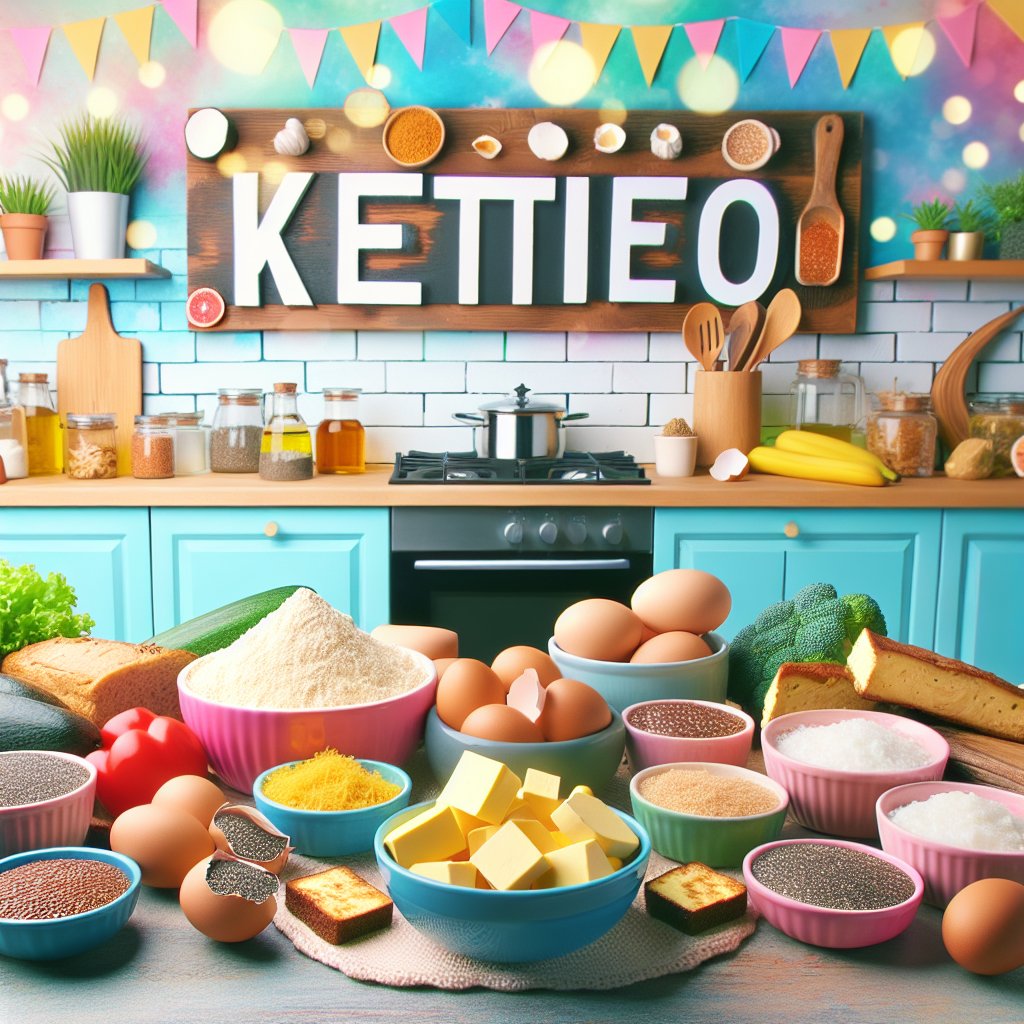 Assorted keto-friendly ingredients and egg substitutes including flaxseed meal, chia seeds, and silken tofu, in a vibrant kitchen scene.