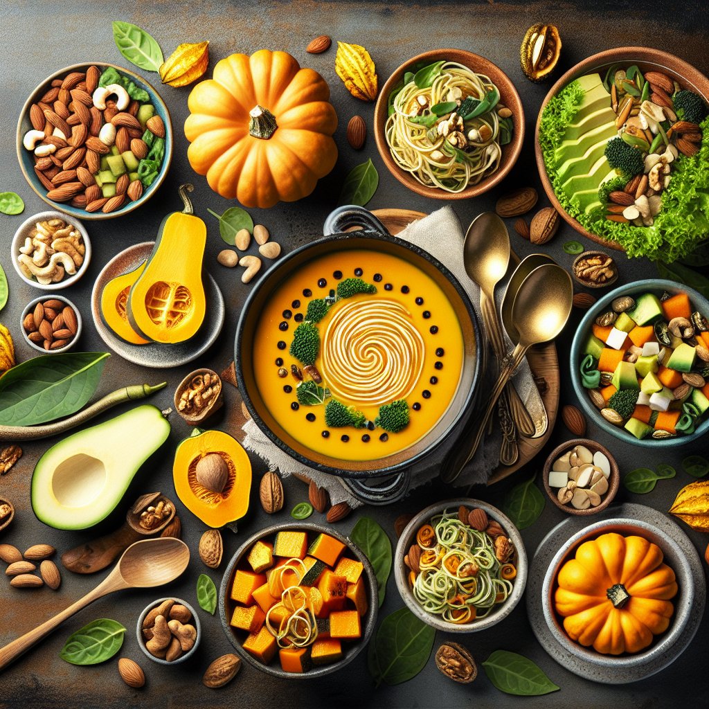 Beautifully arranged spread of keto-friendly kabocha dishes garnished with avocado, nuts, and leafy greens