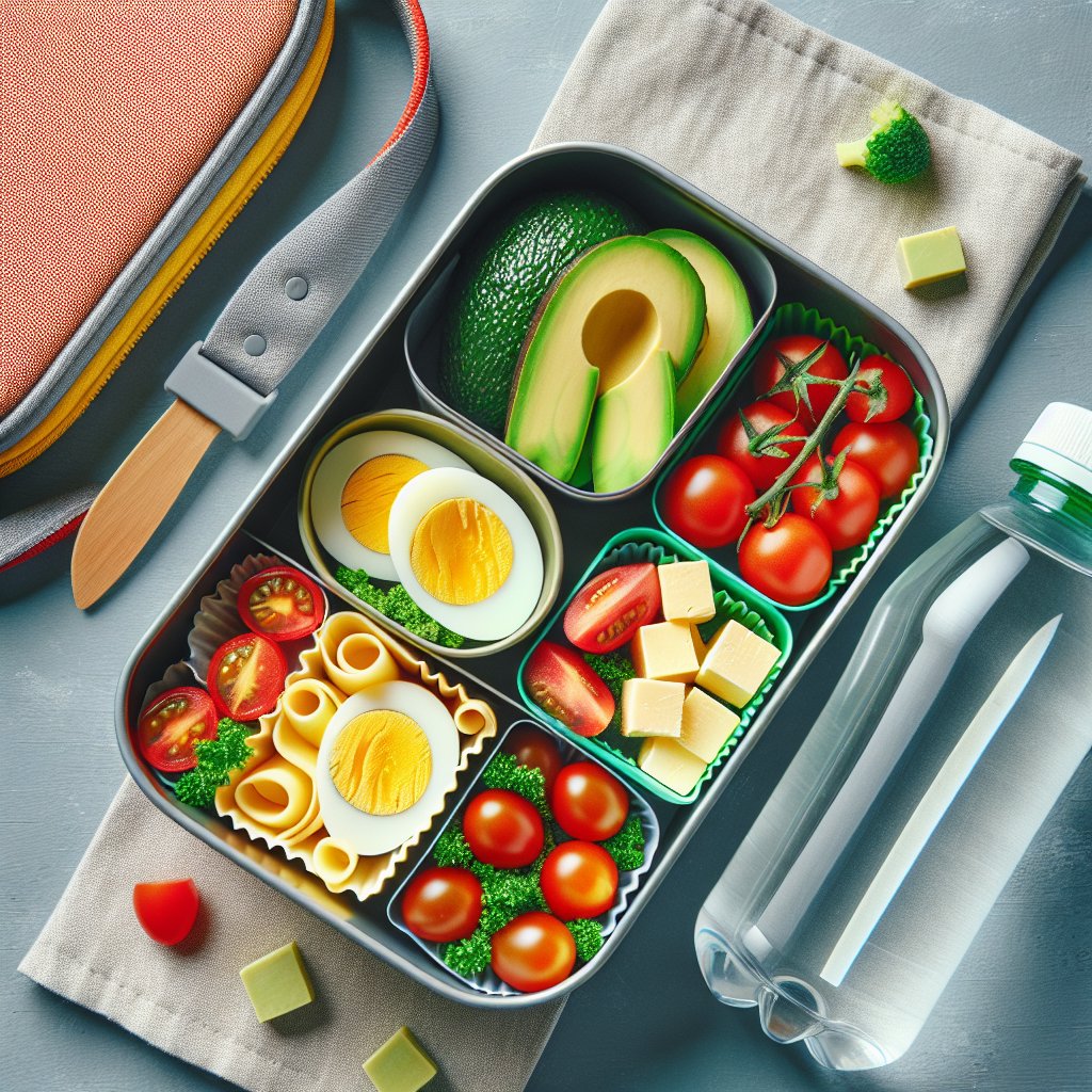 Vibrant and inviting keto-friendly lunch spread featuring avocado, hard-boiled eggs, cherry tomatoes, and cheese cubes in a bento box, with a reusable lunch container and a small bottle of water.