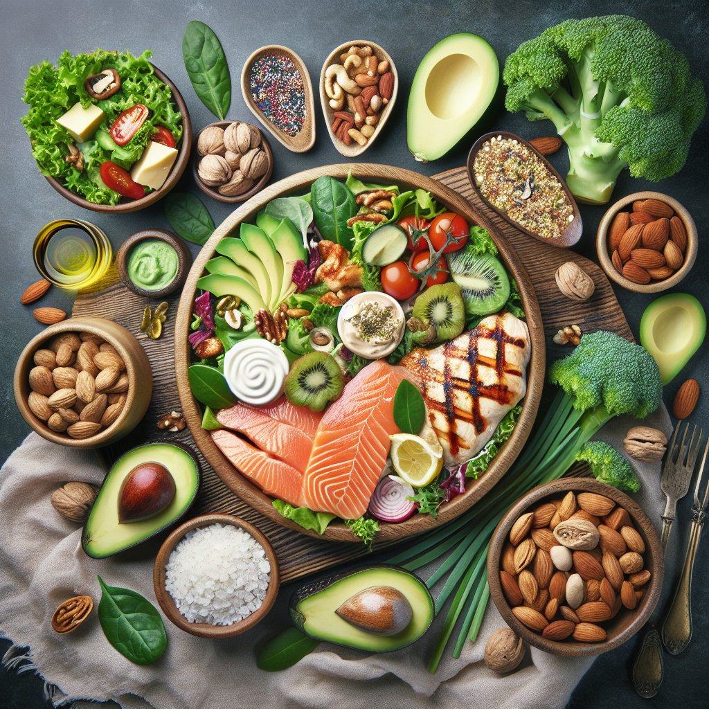 Vibrant and inviting keto-friendly meal spread with fresh greens, avocado, grilled chicken, nuts, and colorful low-carb vegetables