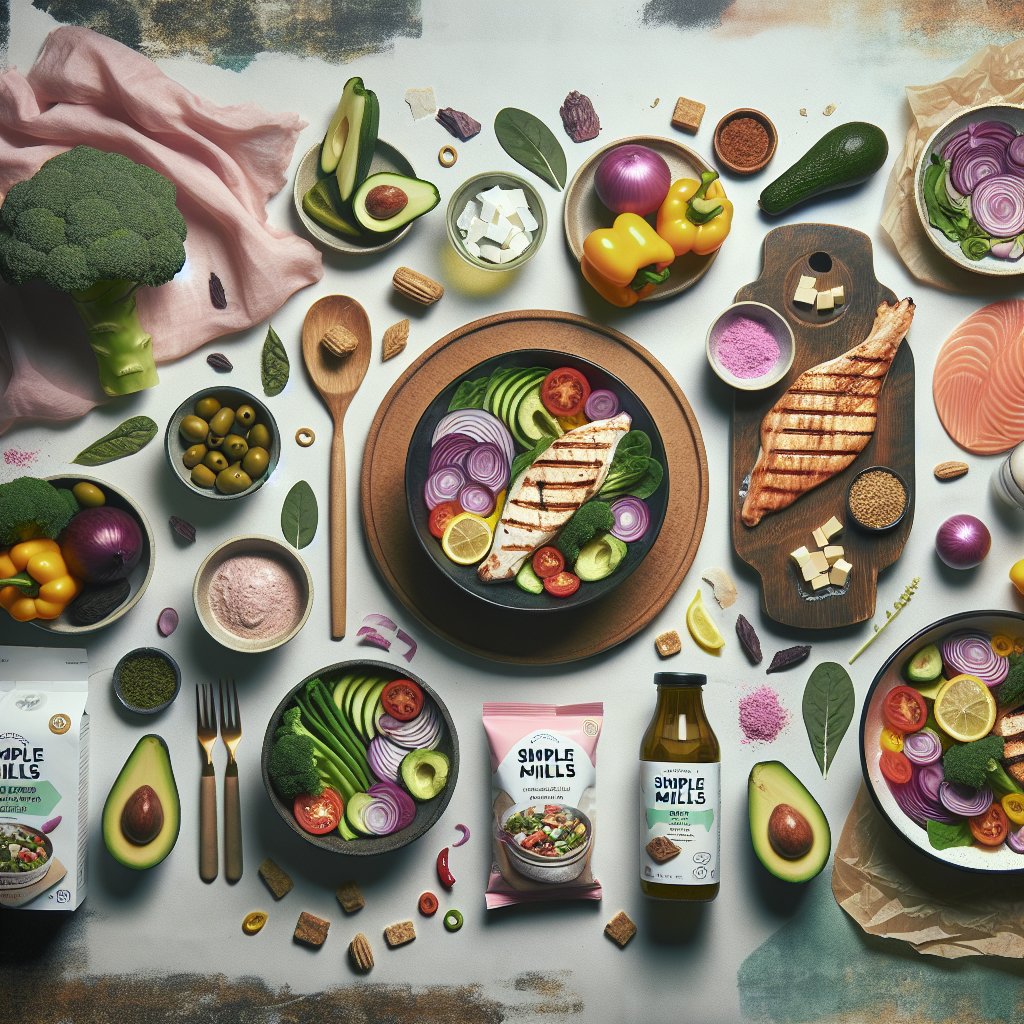 Assorted keto-friendly meal arranged beautifully with vibrant colors, showcasing low-carb vegetables, lean protein, healthy fats, and Simple Mills keto-friendly products.