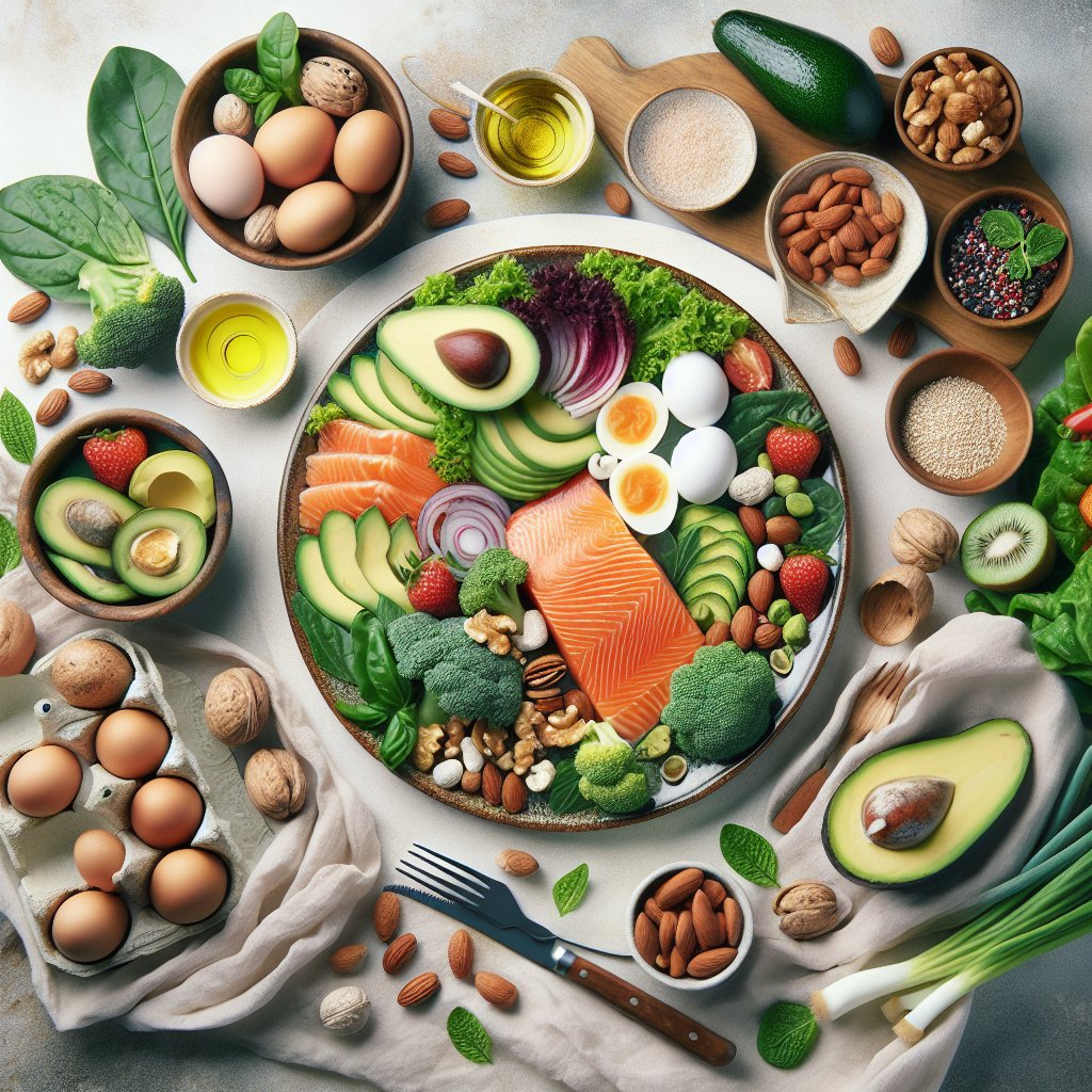 A beautifully presented plate featuring vibrant and diverse low-carb, high-fat foods including avocado, leafy greens, salmon, eggs, nuts, and other permissible ingredients.