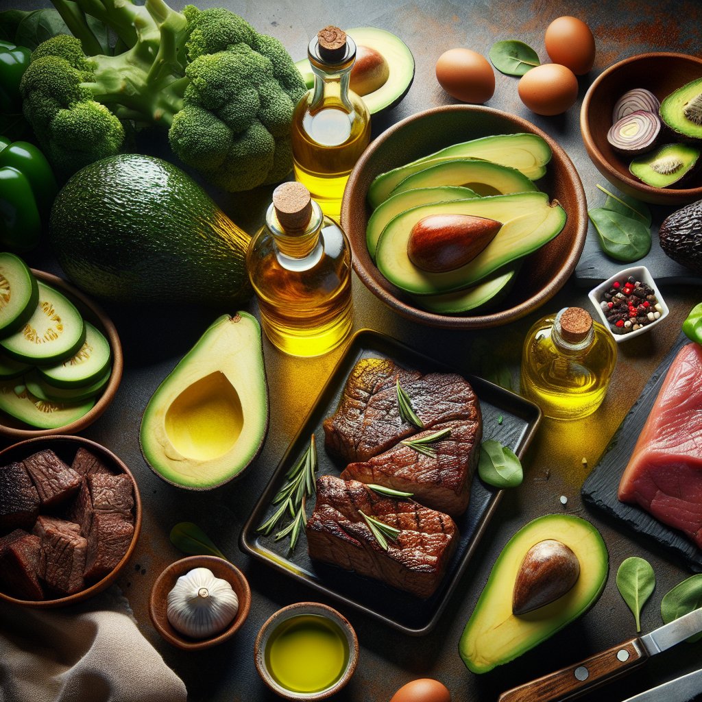 Vibrant keto-friendly meal spread featuring avocados, leafy greens, lean meats, and healthy oils.