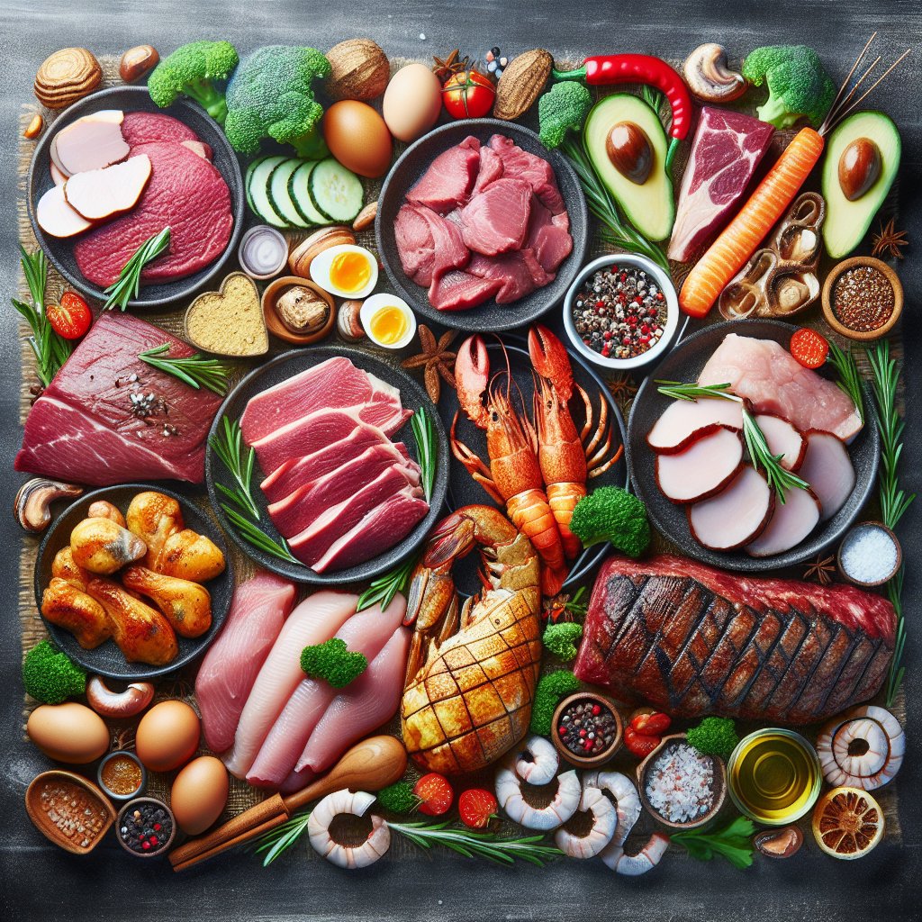 Assortment of keto-friendly meats including poultry, beef, pork, and seafood, emphasizing high-protein content and suitability for the keto diet.