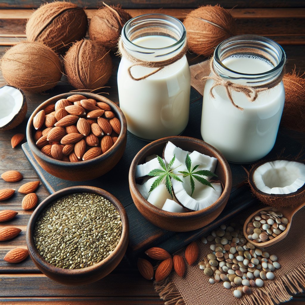 Diverse selection of keto-friendly milk alternatives including almond milk, coconut milk, and hemp milk displayed on a rustic wooden tabletop, surrounded by their raw ingredients.