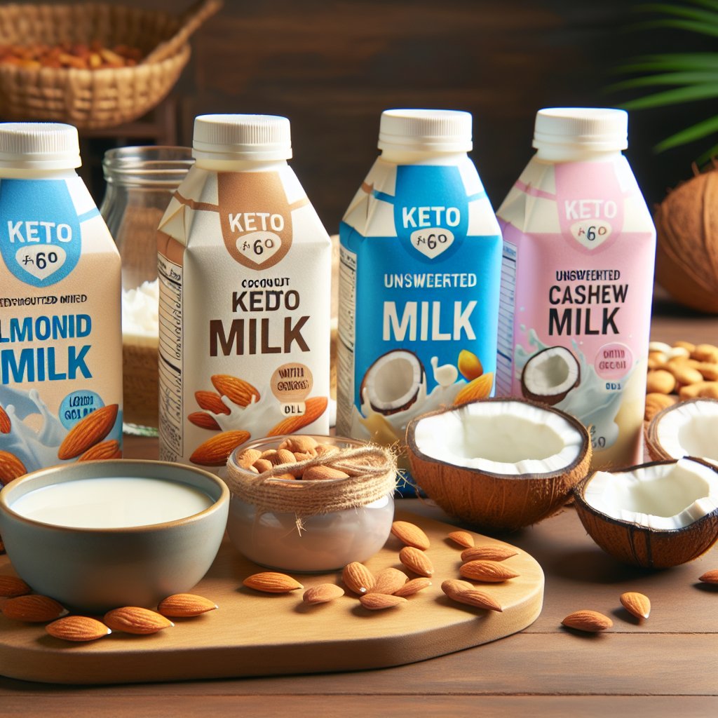 Assorted keto-friendly milk alternatives displayed on a wooden table with macronutrient labels emphasizing low-carb and high-fat profiles.