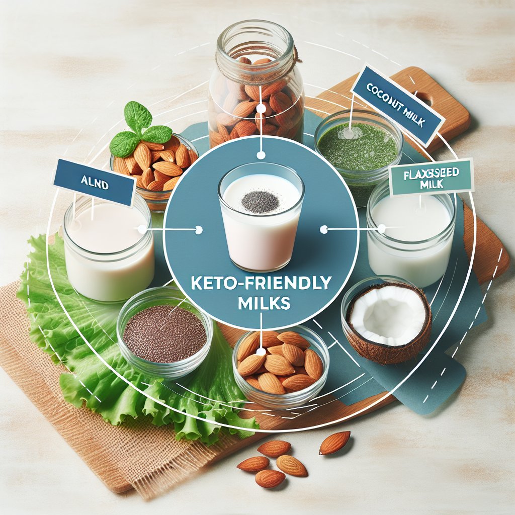 Assorted keto-friendly milks such as almond, coconut, and flaxseed in labeled containers, showcasing freshness for a low-carb, high-fat diet.